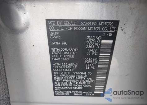 2017 Nissan Rogue Sv z USA, uszkodzony, nr VIN KNMAT2MV9HP515482